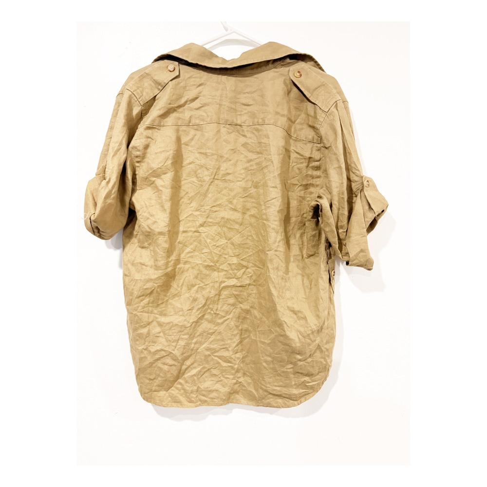 Lauren Ralph Lauren Tan Linen Safari Shirt Roll Tab Sleeve Utility Top Khaki M - Picture 2 of 4